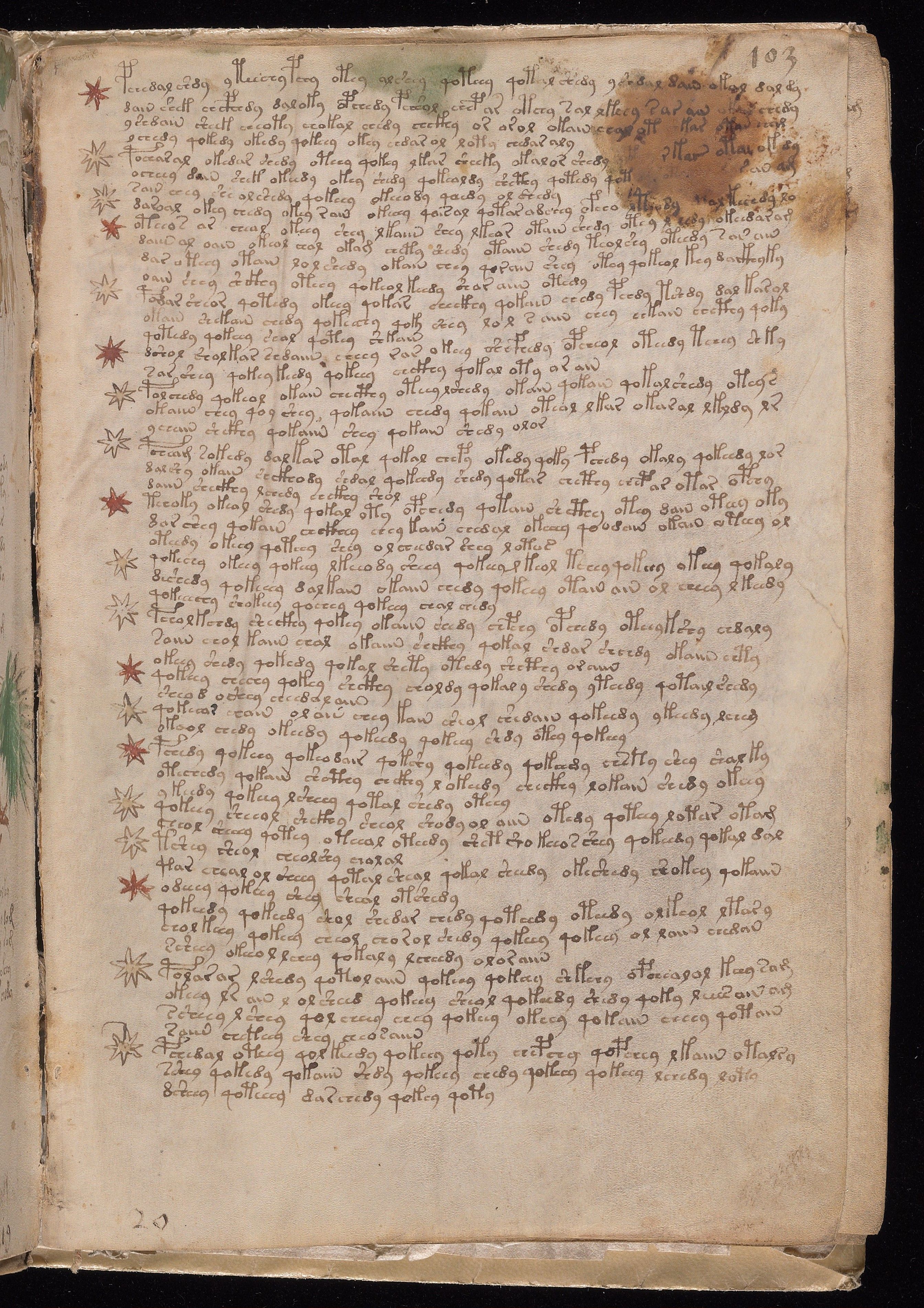 Folio 103r with red-centred and pale stars in its left margin.